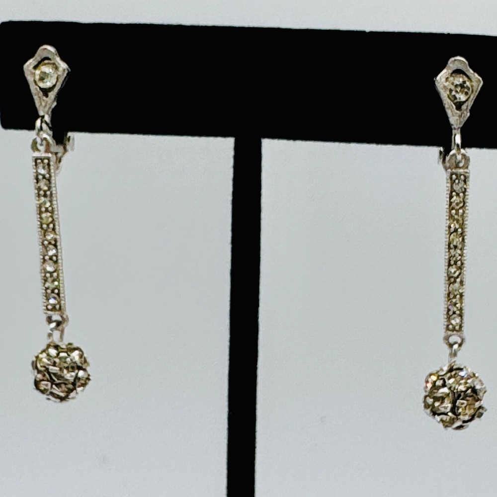 Vintage Art Deco Style Clip On Earrings Crystal Flower Dangle Drop Silver Tone
